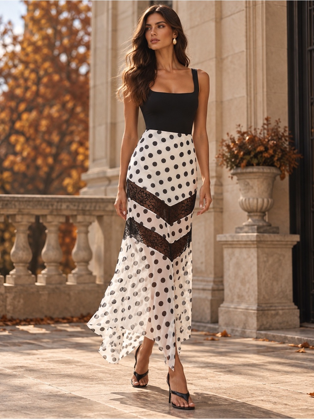 AFRM Chelsea Maxi Skirt Blanc Micro Dot Black Lace NWT Size Small